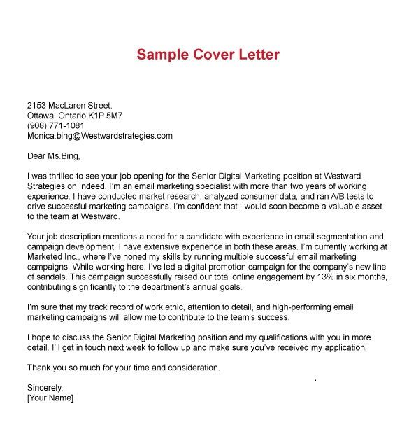 sample of cover letter for job application in canada